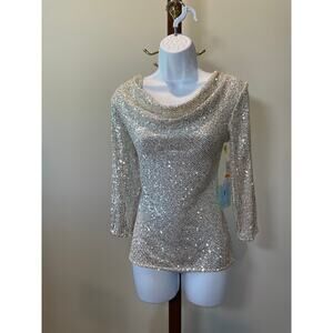CeCe NWT Champagne Sequin Cowl Neck Long Sleeve Sparkle Party Blouse Size S Top